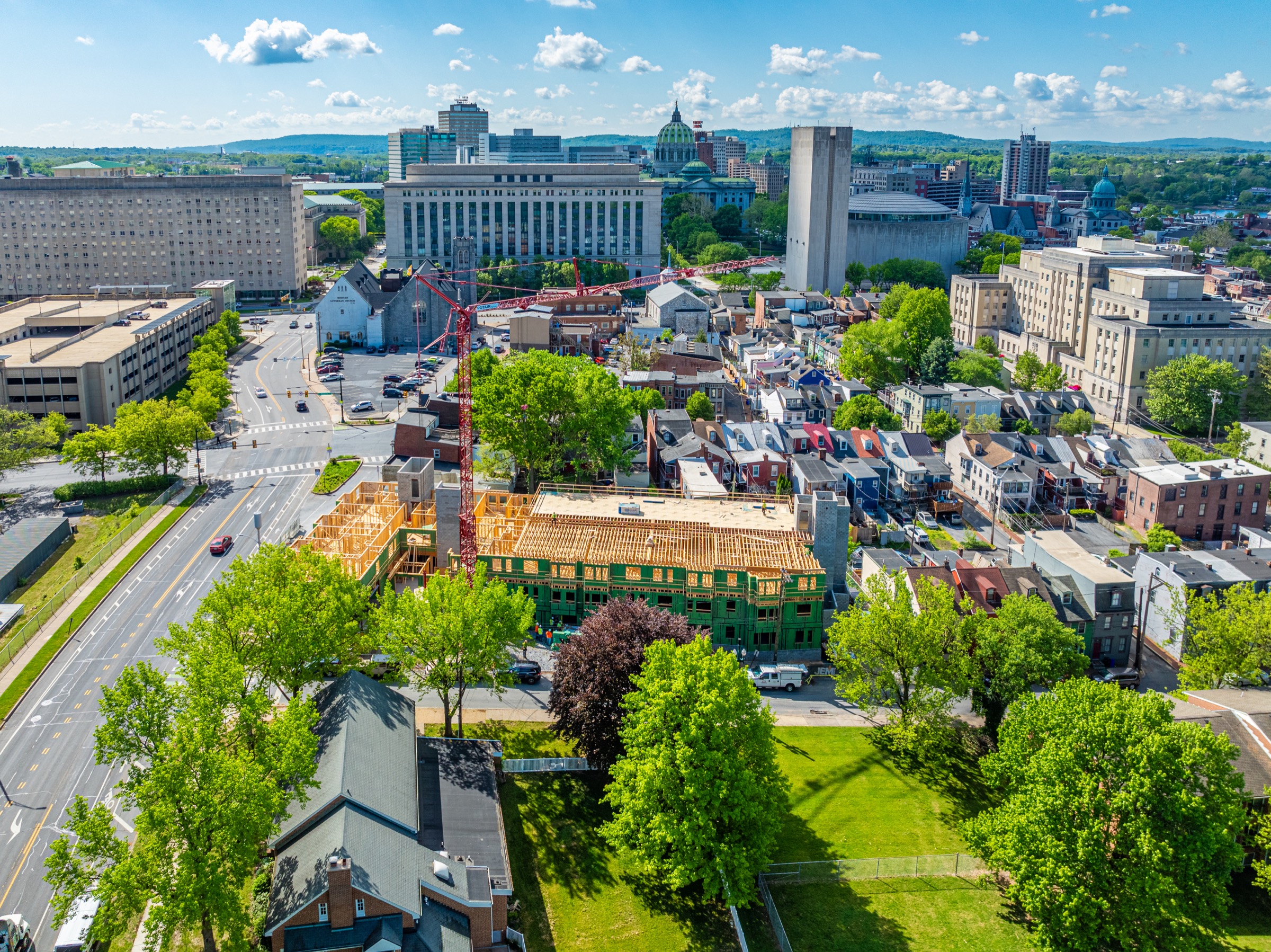 Wide aerial view of Bethel Village framing in May 2024