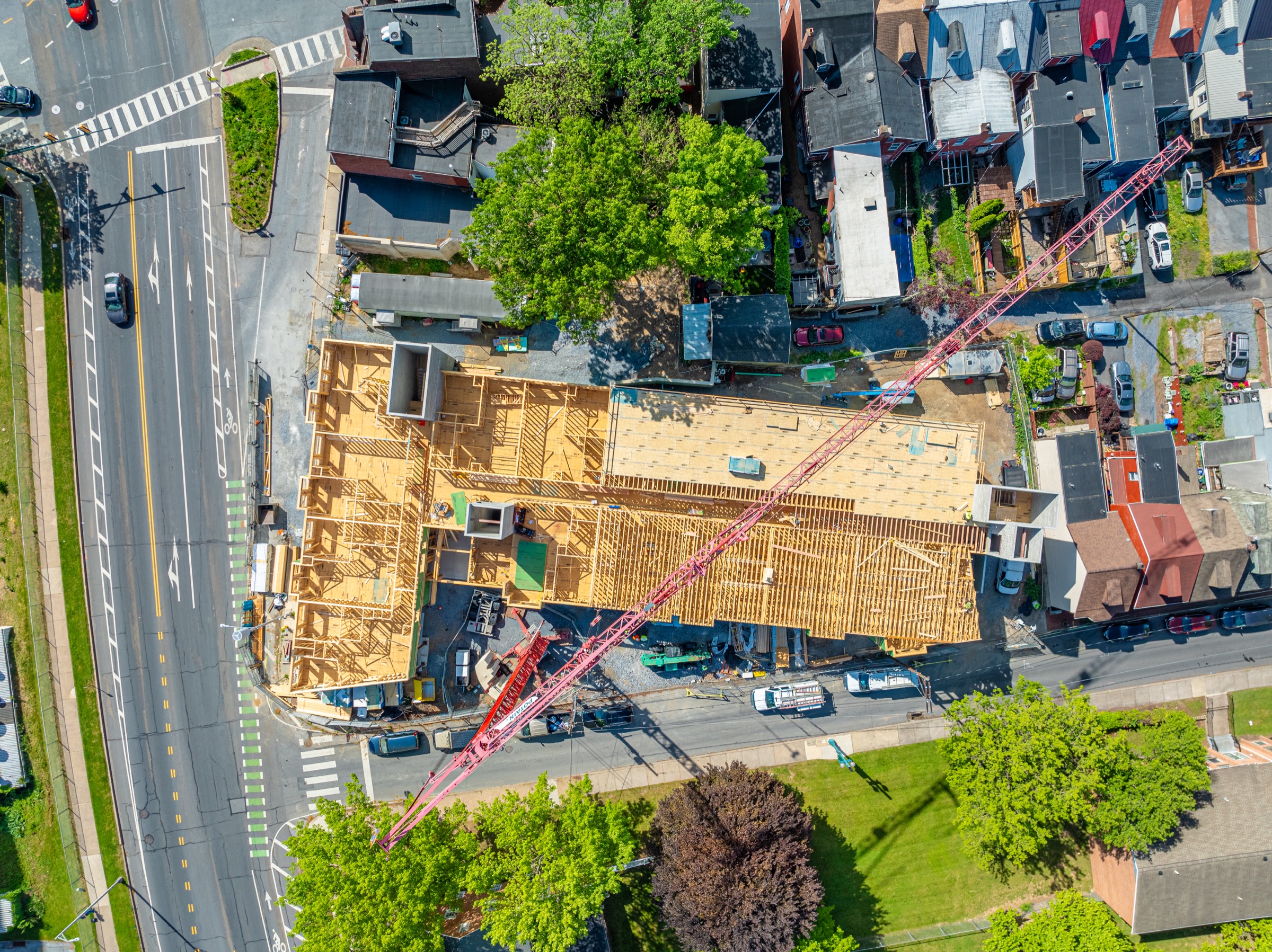 Top-down view of Bethel Village during framing