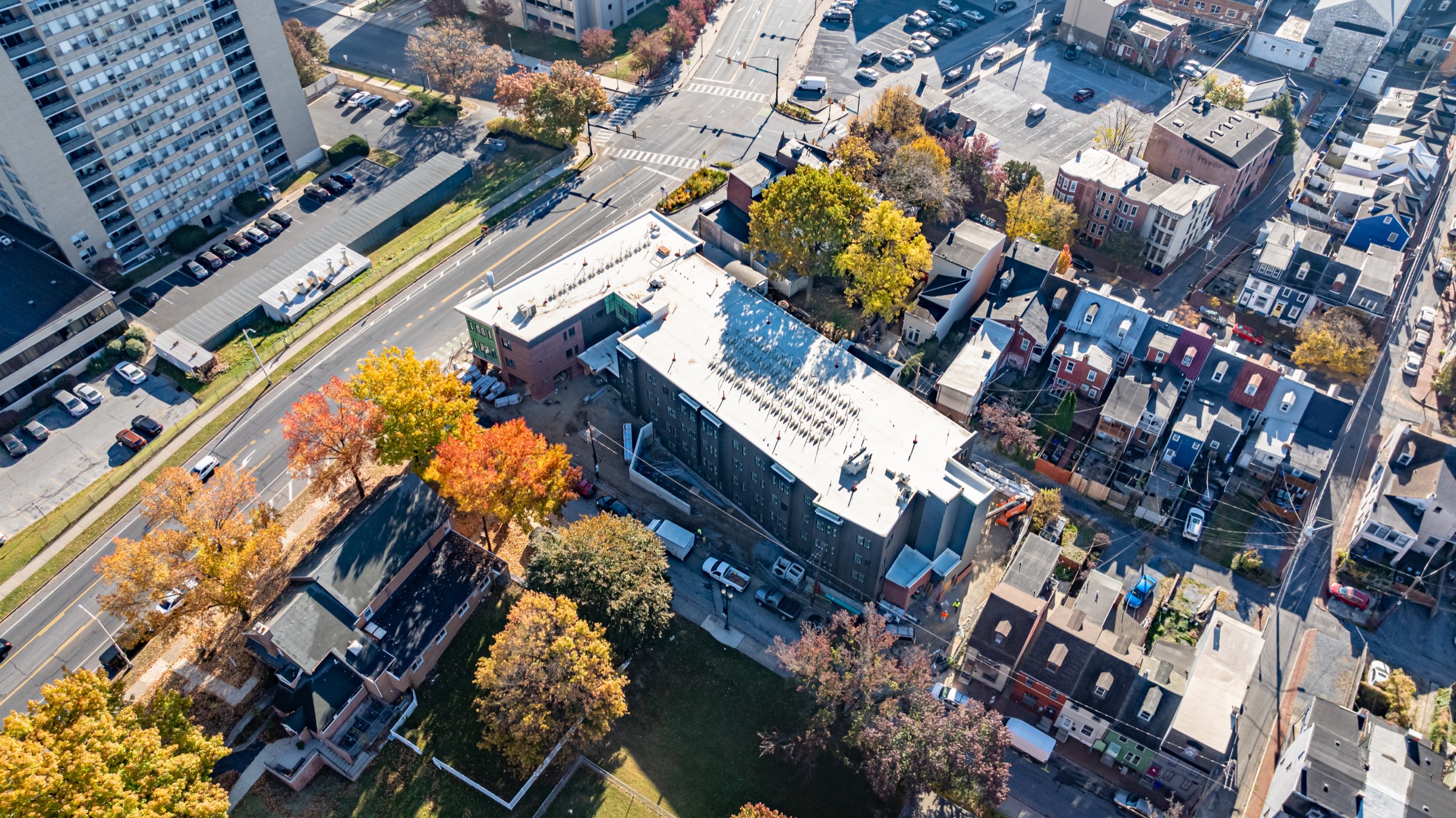 Top-down aerial view of the enclosed Bethel Village building